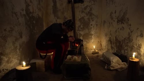 Man warms hands by candlelit fire and stove