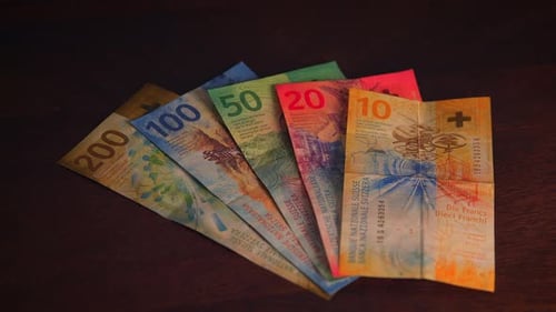 Close Up Dolly Shot Showing Many Different Swiss Franc Banknotes Cash Money Counting Swiss Francs