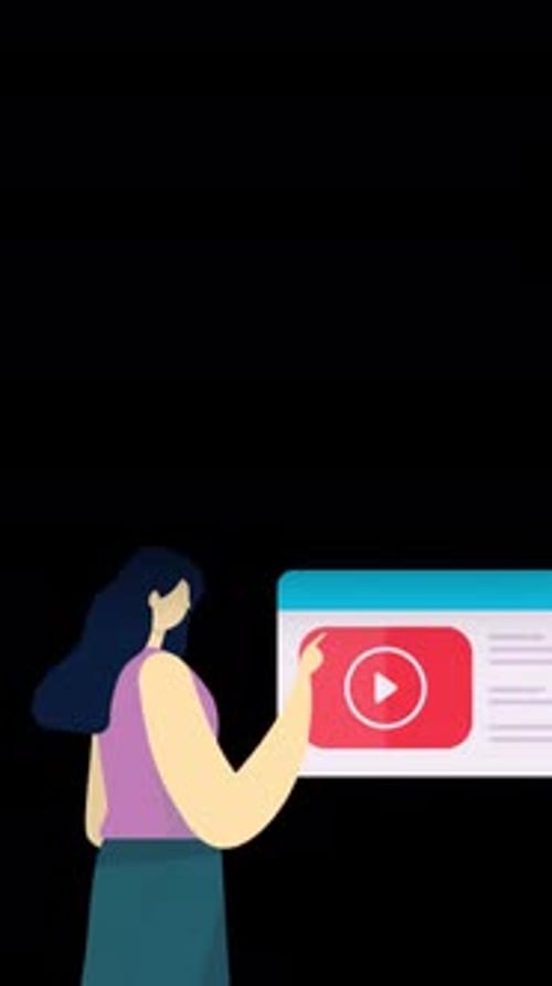 Mujer hace clic en el botón de reproducción para reproducir Vídeo en línea, canal alfa vertical