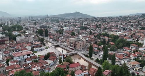 Aerial Footage of Sarajevo and National Library the Shot is Flying Over Vijecnica Library with a