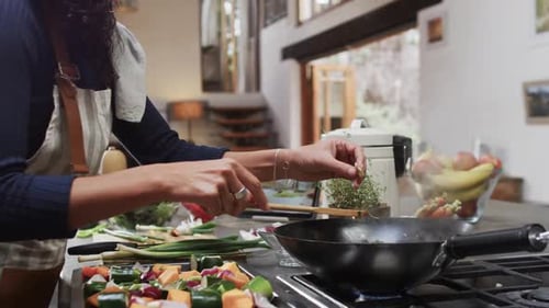 Woman Cooking Fresh Vegetables in a Wok at Home