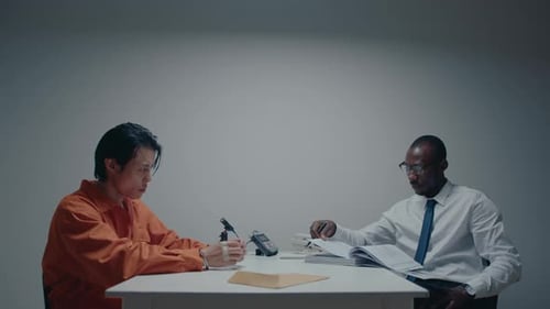 Black Detective Interrogating Arrested Asian Criminal