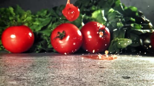 Sliced Tomatoes with Spices Fall on the Table Filmed on a Highspeed Camera at 1000 Fps