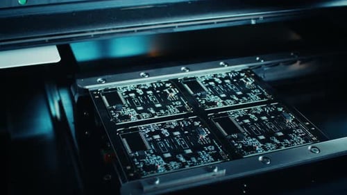 Factory Machine at Work: Printed Circuit Board Being Assembled with Automated Robotic Arm, Surface