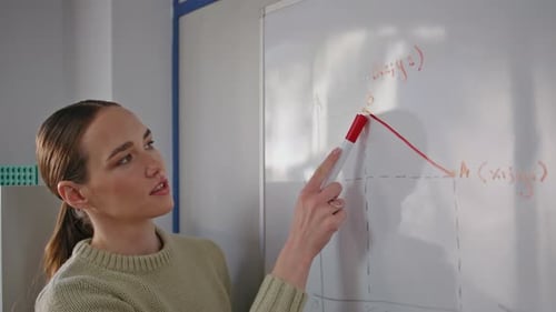 School Teacher Explaining Math Problems on Whiteboard Closeup Woman Drawing