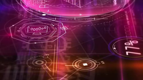 Animierter virtueller Raum mit Infografiken über Blockchain 4K