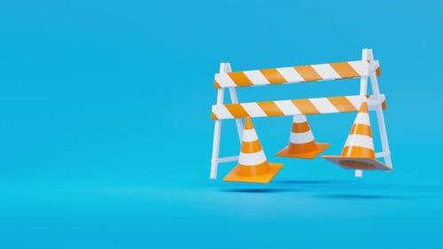 Conos de tráfico y barrera flotantes de color naranja sobre fondo azul, advertencia de seguridad o en construcción