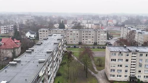 Block building soviet district. Small city in Europe, Lithuania, Silute.