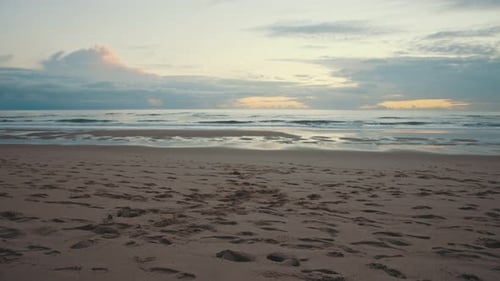 Loose Footprints on Wet Sand on an Empty Beach