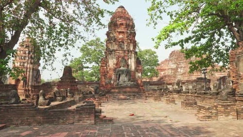 Buddha statue among ruins of the Wat Mahathat in Ayutthaya