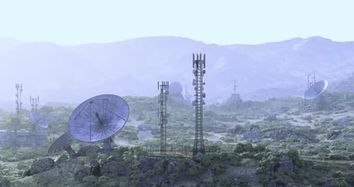 Animated 3D Communication Towers and Satellite Dishes Landscape