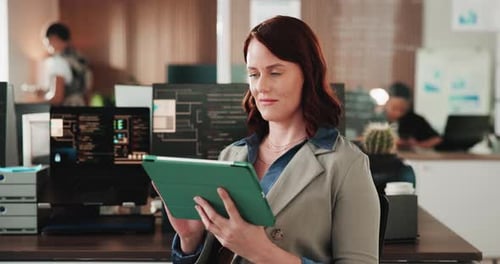 Tablet, reading and businesswoman in office with coding for website development project