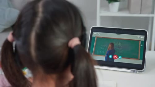 Rear view of young student learning online class with teacher at home.