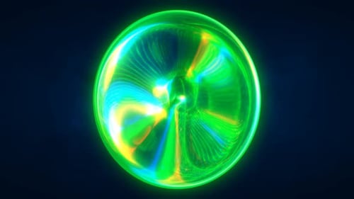 A vibrant, glowing green orb with swirling light, set against a dark background