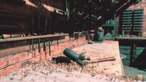 Vintage Wild West Carpenter Shop Interior with Antique Tools
