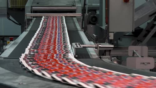 Factory Press: High-Speed Printing of Red Newspapers on Conveyor Belt"