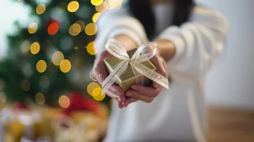 Woman Presents Wrapped Gift with Christmas Tree in Background