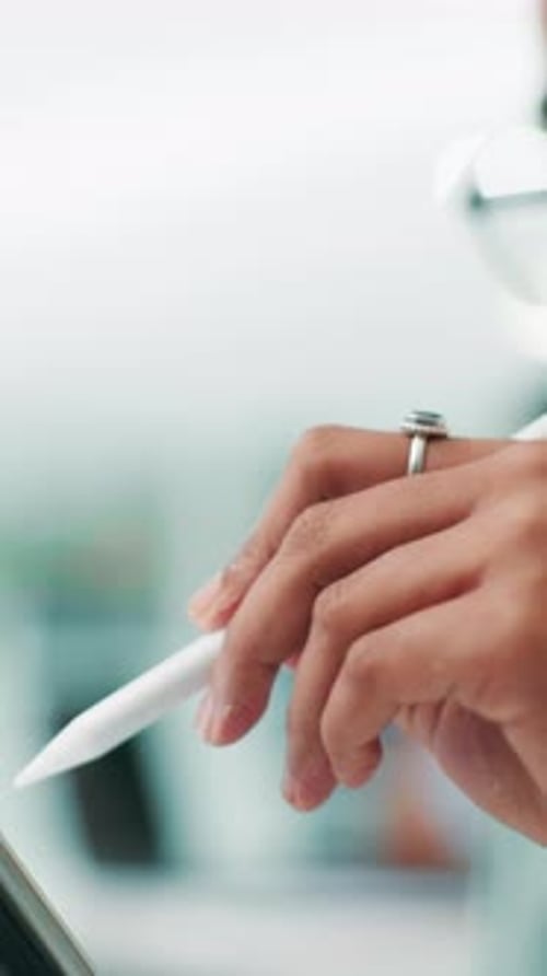 Programming, stylus and hands with tablet, office and coder with app for debugging, testing or web