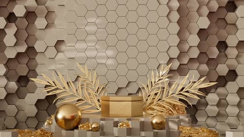 Elegant golden product showcase platform with geometric background