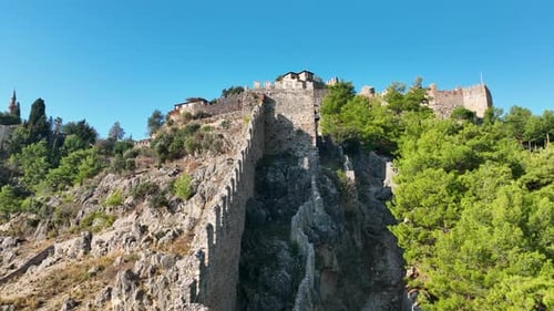 Castle Alanya Kalesi Aerial View 4 K of Mountain and City Turkey