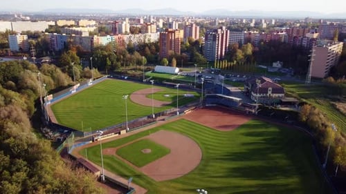 Aerial View Of Arrows on A Sunny Day In Ostrava, aerial pullback shot.
