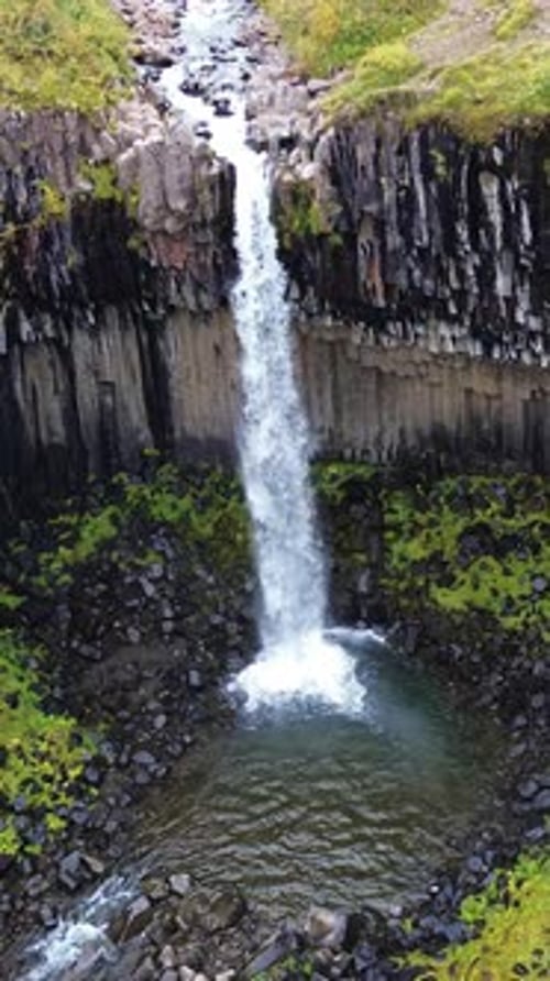 Aerial drone view of Svartifoss waterfall cascading down dramatic basalt column cliffs in Vatnajokul