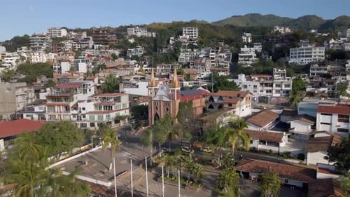 Aerial View of Church and Tropical Cityscape