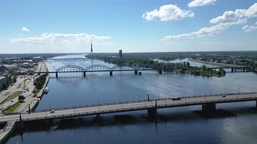 Flying over Daugava River in Riga - Latvia - 4K Cinematic Drone Footage