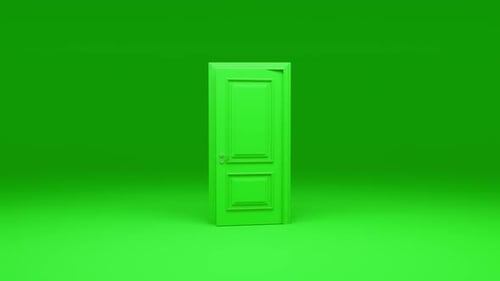Green door opening on green screen background