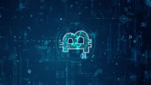 Blue digital money logo and futuristic circle HUD with big data processed on grid line background