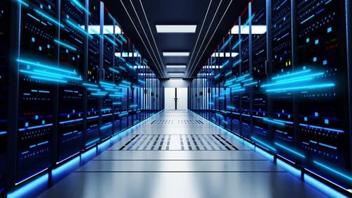 Câmera em movimento através de servidores de rack no data center