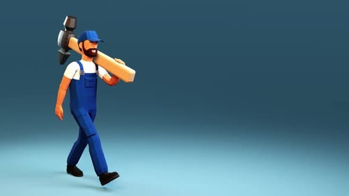 3d worker carries a large hammer on his shoulder