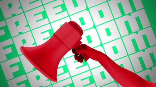 Animated Red Megaphone and Hand Announcing Freedom Message
