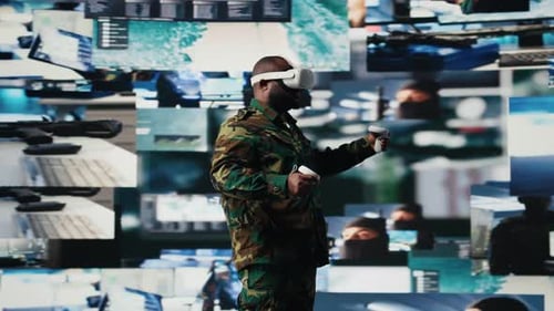 Afroamerikanischer Soldat verwendet Virtual-Reality-Headset zur Überwachung der Überwachung
