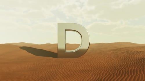 Metallic letter d standing in desert sand blowing in wind