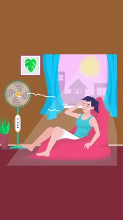 Animated Flat Design Illustrating a Person Cooling Down with a Fan