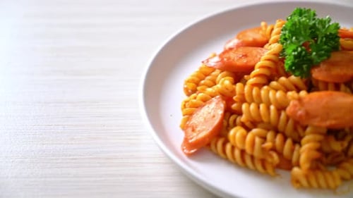 pâtes en spirale ou en spirali avec sauce tomate et saucisse - cuisine italienne