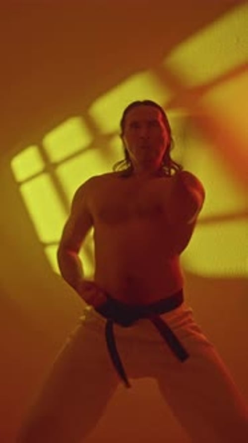 Man Practices Karate Punches Indoors Under Yellow Lighting