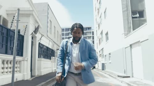 Business, running and black man outdoor, late and appointment with stress, deadline and schedule