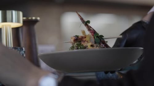 Food in a plate being served nicely in front of a customer. At Restaurant Dinning 2K MXF.