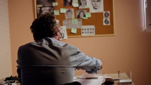 Closeup Detective's Office Middleaged Investigator in Shirt and Tie Sitting Desk Examining Evidence