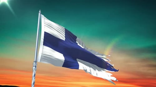 Realistic Waving Flag on Pole Against Sunset Sky