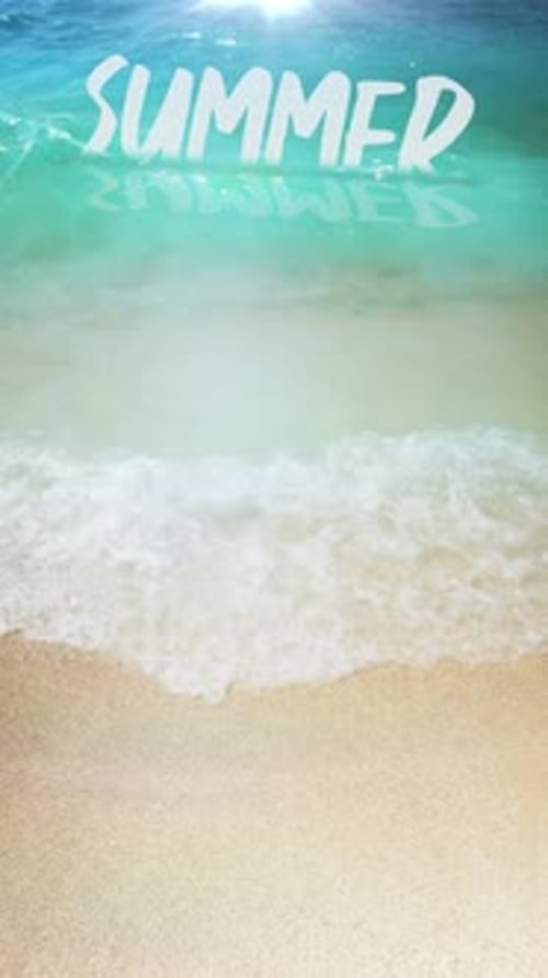 Summer Beach Sign on Tropical Coast with Turquoise Water and Blue Sky