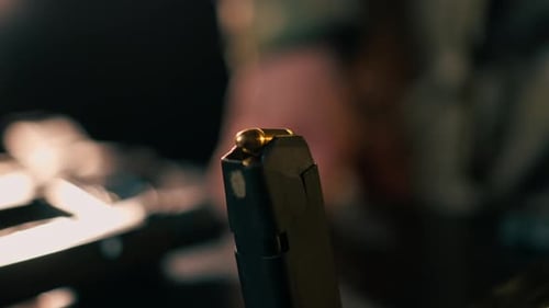 Closeup a Professional Shooting Range on a Black Table Gun Shop Introductory Training on