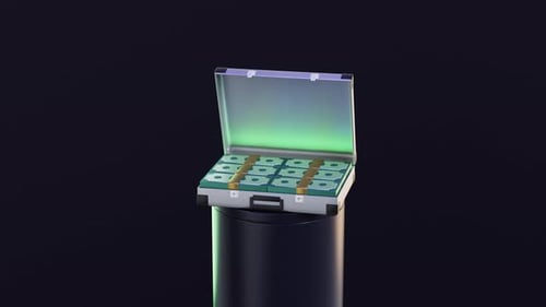 Metal suitcase full of cash looped animation. Money, dollar bills stacks. earn money, win, income
