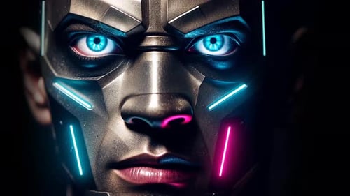 Futuristic Cybernetic Humanoid Face with Pulsing Neon Lights
