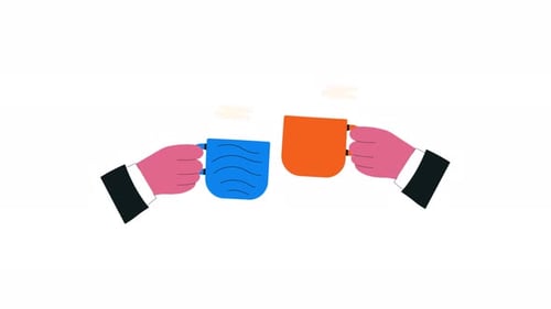 Torréfaction à la main 4K avec des tasses à café. Vidéo d'animation sur le concept de partenariat commercial
