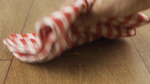 Hand Wipes Crumbs off Wood Floor with Rag