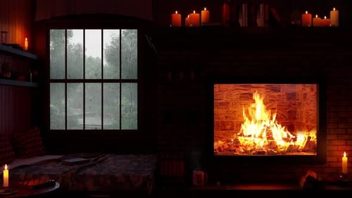 gemütliches Regenkabinen-Wohnzimmer-Ambiente mit Kamin und Waldblick