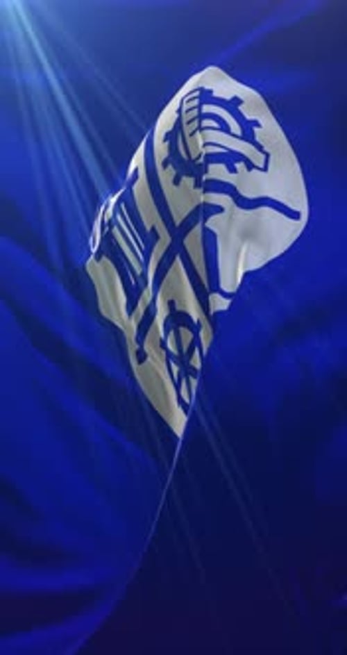 Dynamic Waving Flag with Industrial Symbol and Light Rays